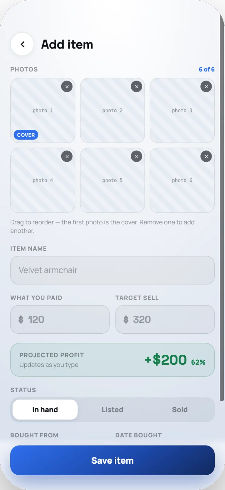 Log an item you bought: photos, price paid, target