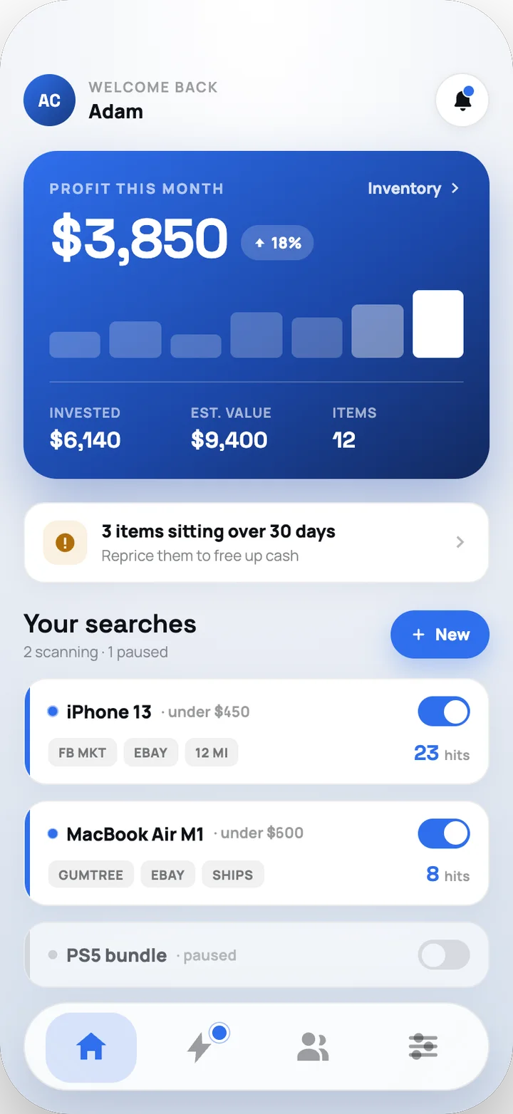 Home with the monthly profit card